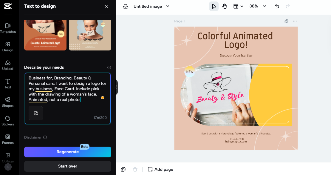CapCut AI 工具為美容與個人護理業務創建一個色彩豐富的動畫標誌，適合在家從事的創意副業